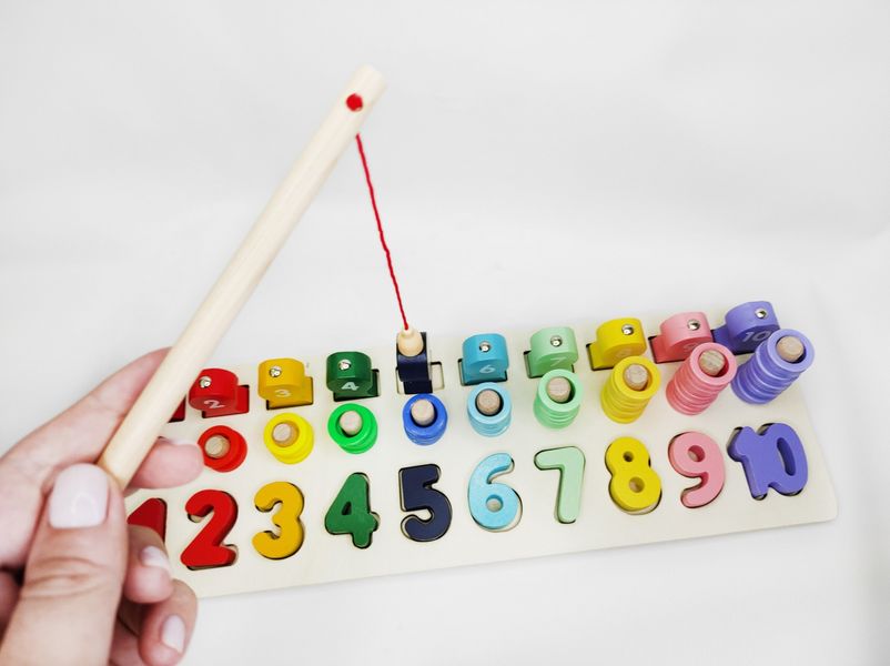 Деревянная игра сортер Монтессори 3 в 1 Metoo Математическая развивающая доска с цифрами и рыбалкой WD2706 фото