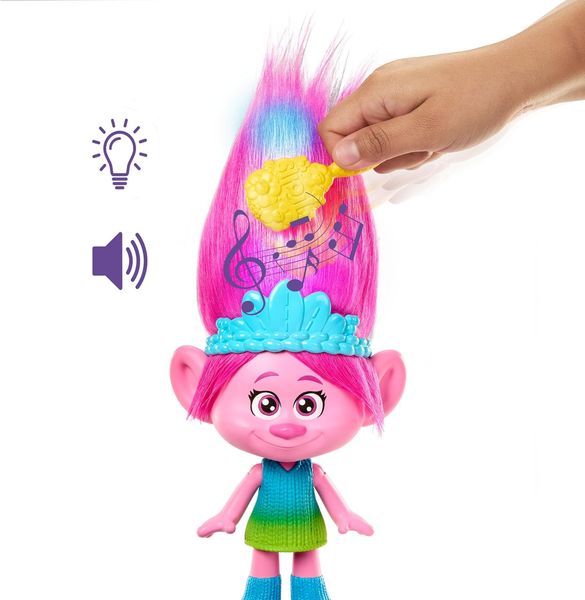 Лялька Mattel Trolls Band Together Rainbow HairTunes Queen Poppy Тролі Трояндочка 30см, з підсвічуванням та звуками HNF20 фото