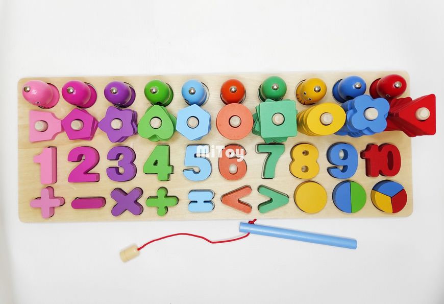 Дерев'яна гра сортер Монтессорі 4 в 1 Metoo Математична дошка, що розвиває, з цифрами. фігурами та рибалкою, 41см 48712 фото