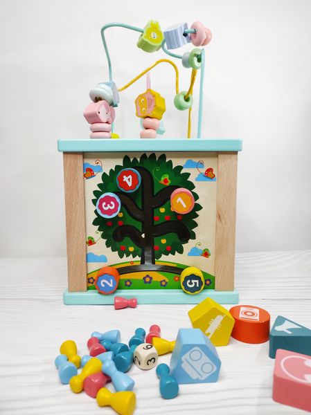 Дерев'яний розвиваючий куб 6 в 1 Fun Game логічний бізіборд з пальчиковим лабіринтом, сортер, настільна гра 25205 фото