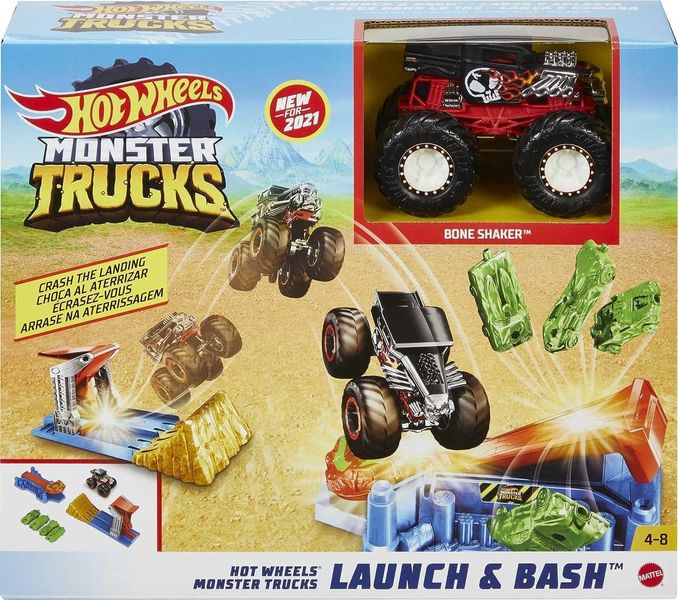 Игровой набор Hot Wheels Monster Trucks Launch & Bash с пусковой установкой, 4 автомобиля, 1 грузовик-монстр 1:64 GVK08 фото